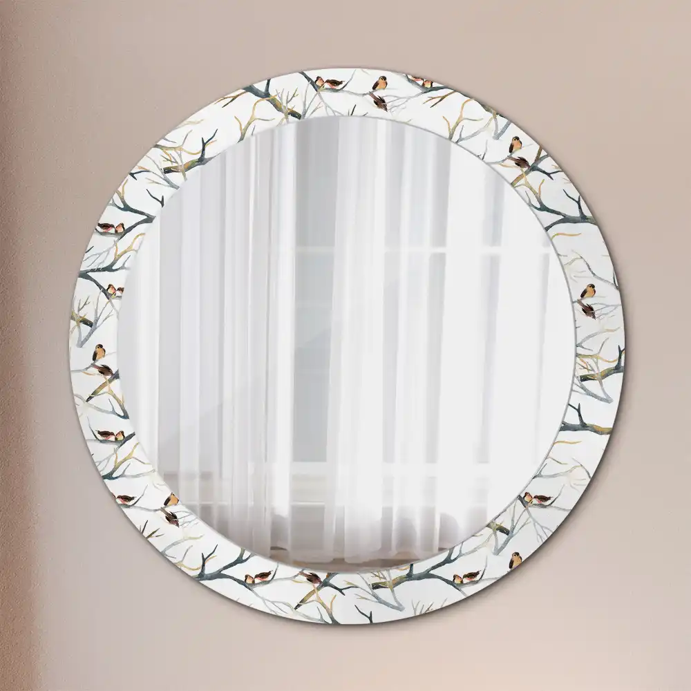 Miroir rond avec décoration moineaux sur des branches