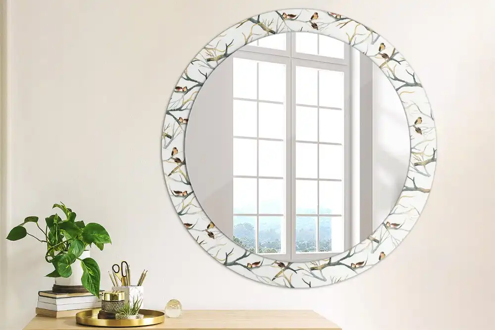 Miroir rond avec décoration moineaux sur des branches