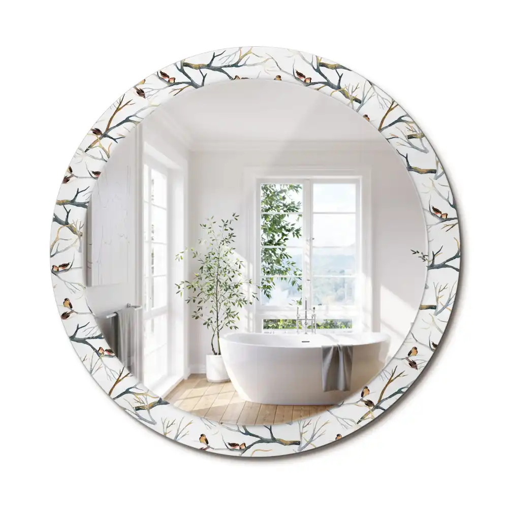 Miroir rond avec décoration moineaux sur des branches