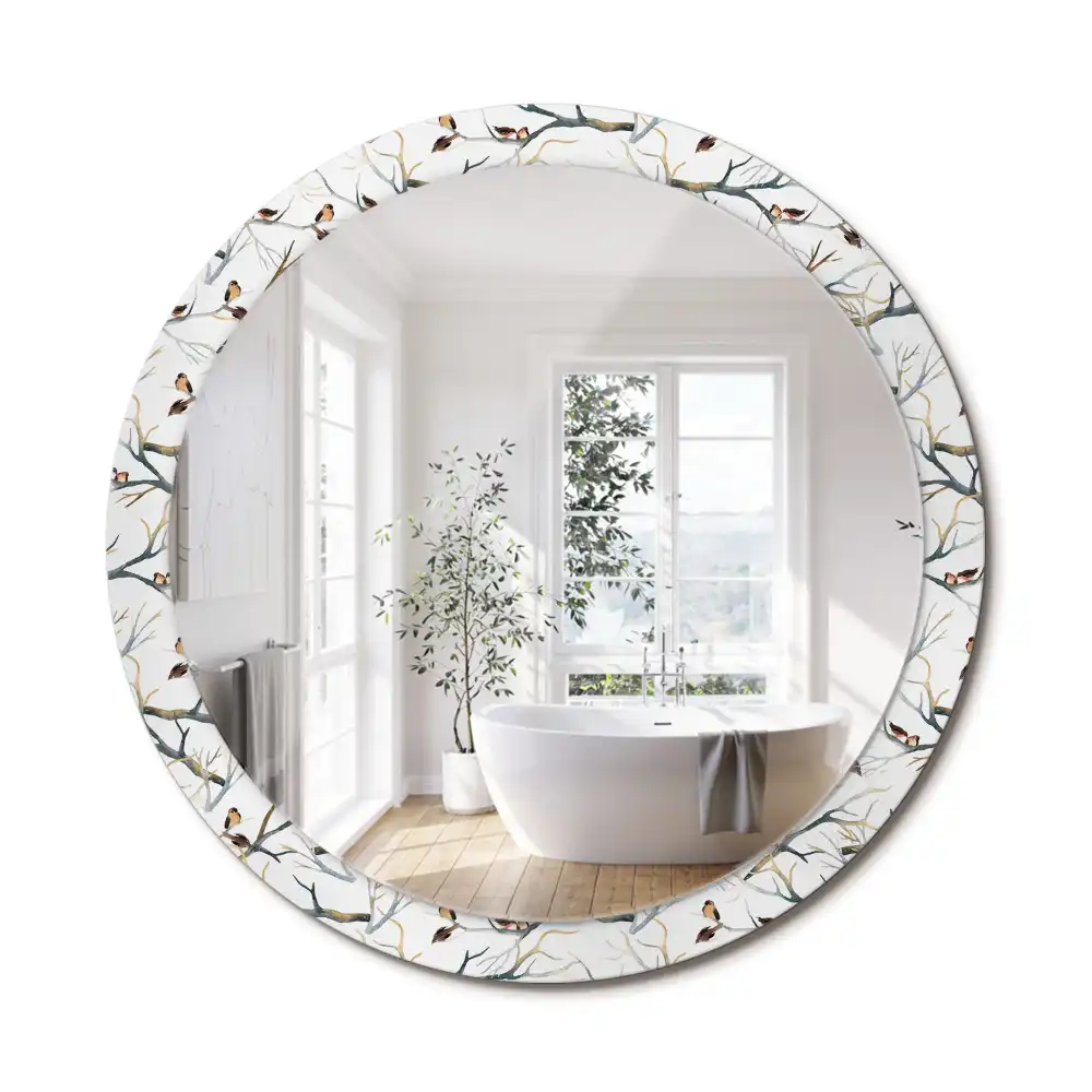 Miroir rond avec décoration moineaux sur des branches