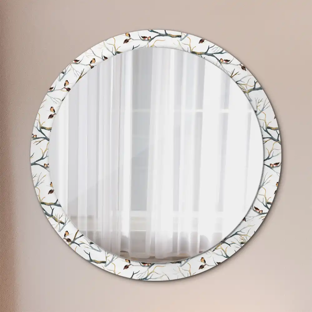 Miroir rond avec décoration moineaux sur des branches