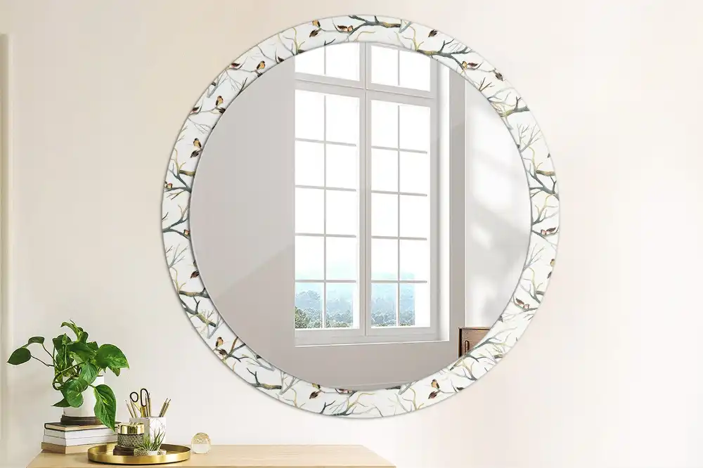 Miroir rond avec décoration moineaux sur des branches