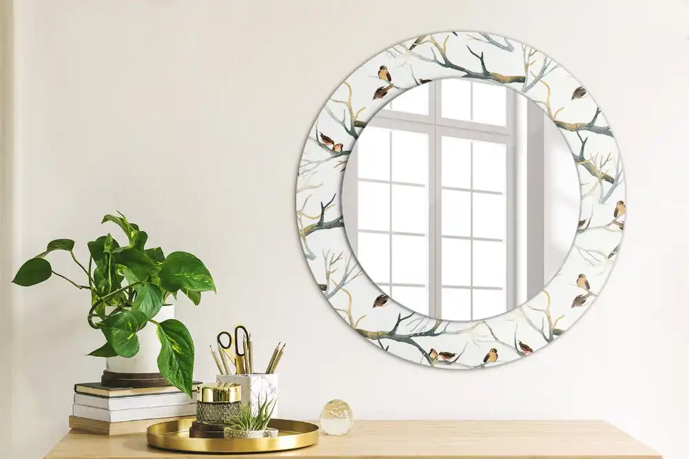 Miroir rond avec décoration moineaux sur des branches