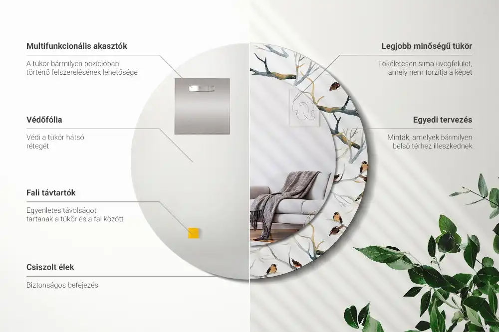 Miroir rond avec décoration moineaux sur des branches