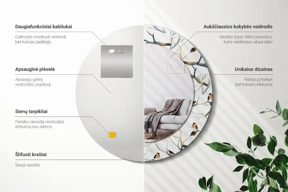 Miroir rond avec décoration moineaux sur des branches