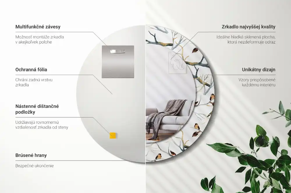 Miroir rond avec décoration moineaux sur des branches
