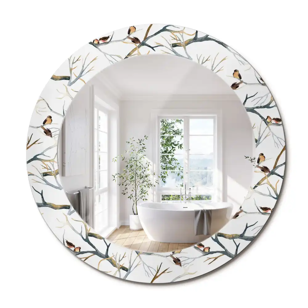 Miroir rond avec décoration moineaux sur des branches