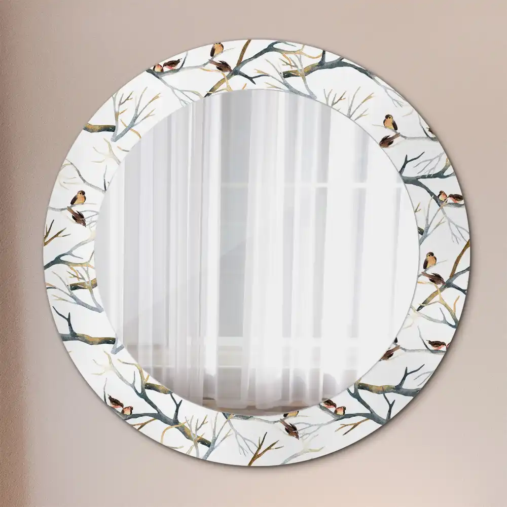 Miroir rond avec décoration moineaux sur des branches