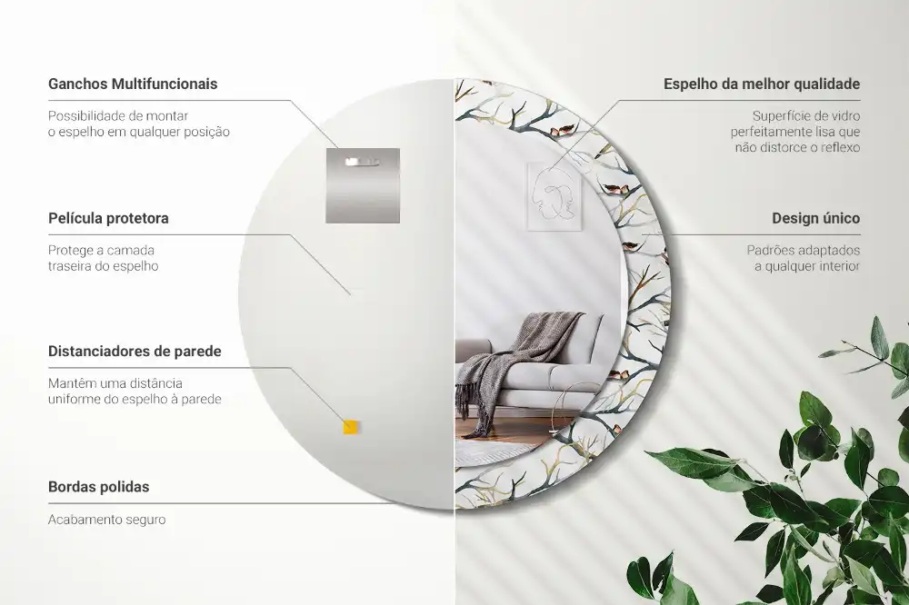 Miroir rond avec décoration moineaux sur des branches