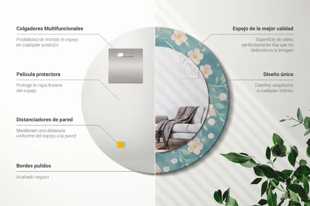 Miroir rond imprimé motif floral