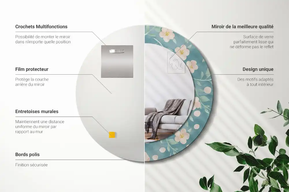 Miroir rond imprimé motif floral