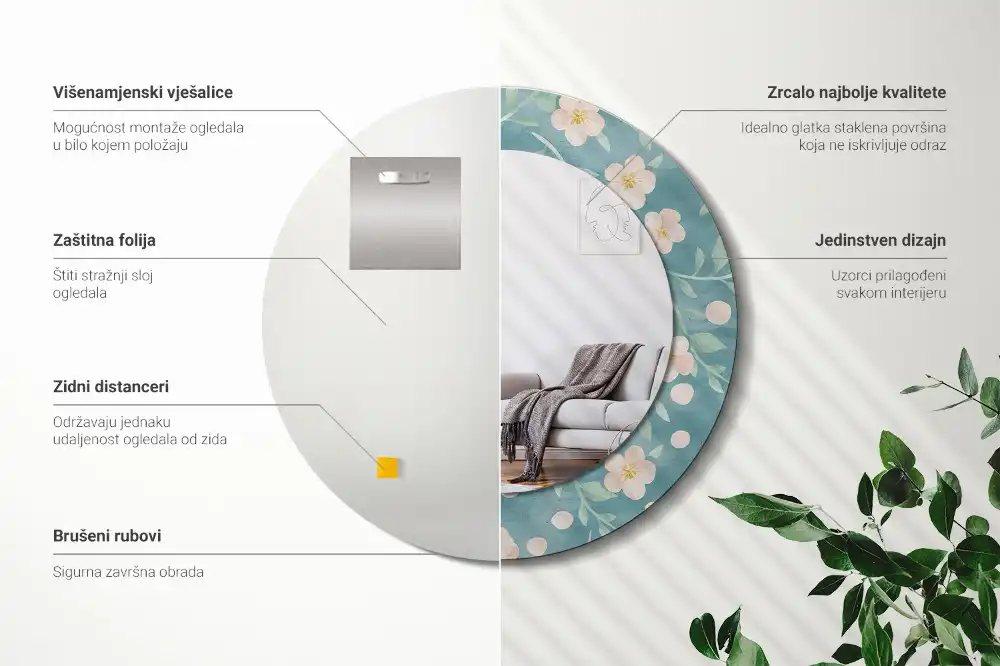 Miroir rond imprimé motif floral