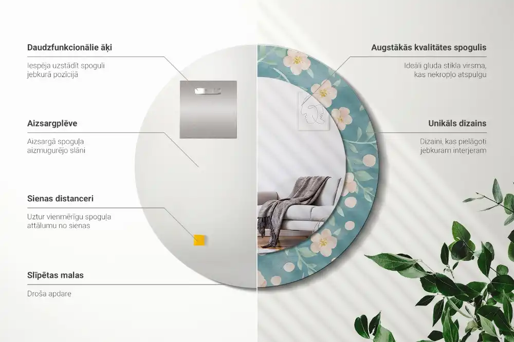 Miroir rond imprimé motif floral