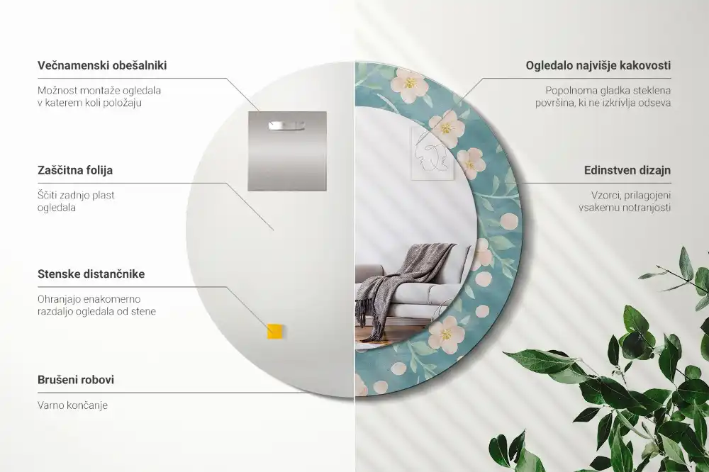 Miroir rond imprimé motif floral