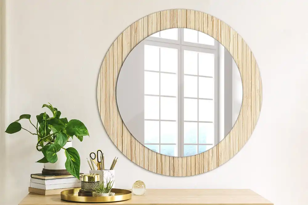 Miroir rond cadre avec impression paille de bambou
