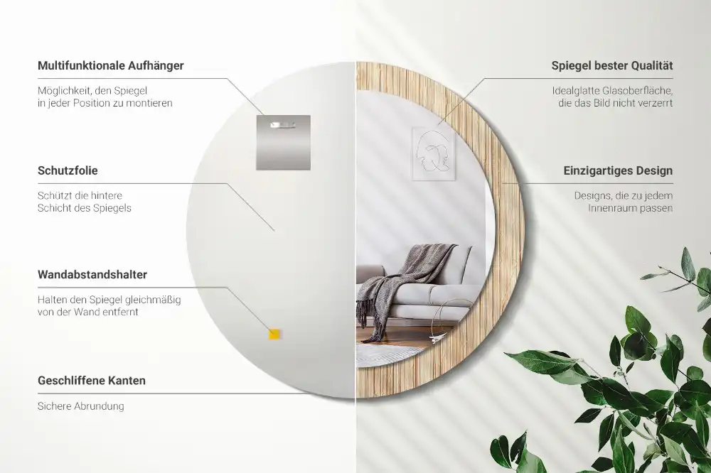 Miroir rond cadre avec impression paille de bambou