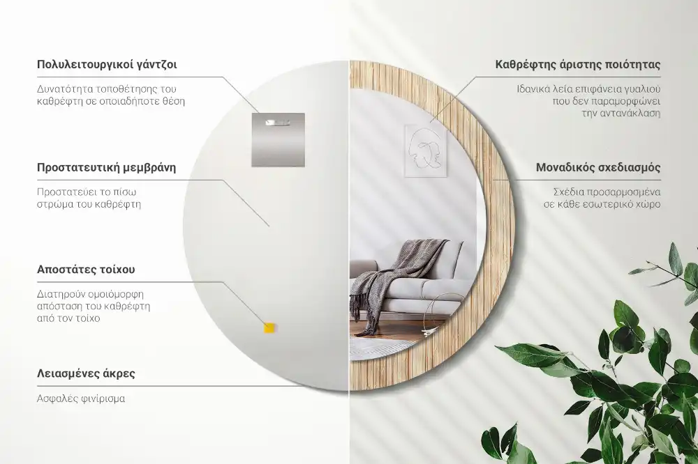 Miroir rond cadre avec impression paille de bambou