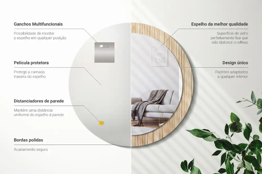 Miroir rond cadre avec impression paille de bambou