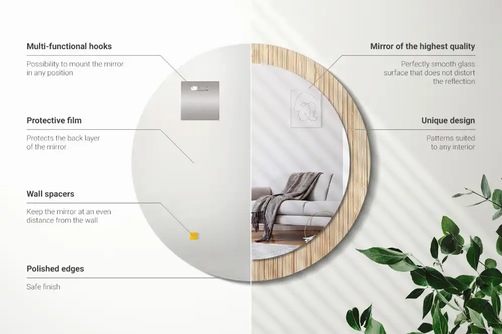 Miroir rond cadre avec impression paille de bambou