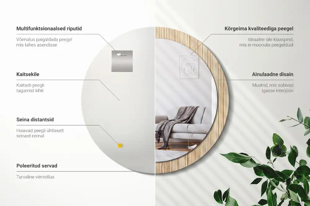 Miroir rond cadre avec impression paille de bambou