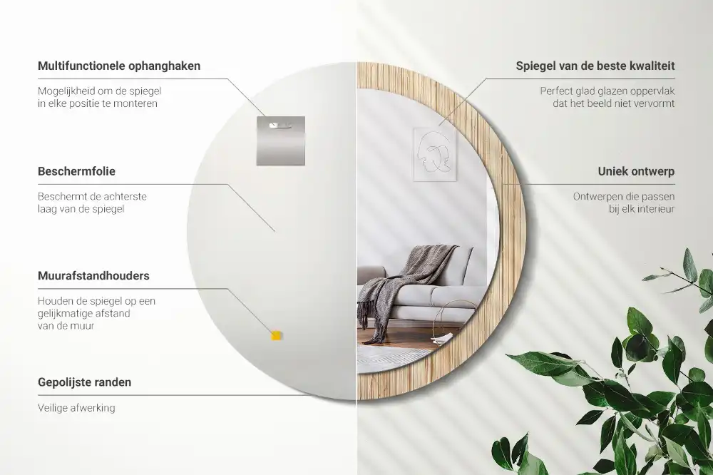 Miroir rond cadre avec impression paille de bambou