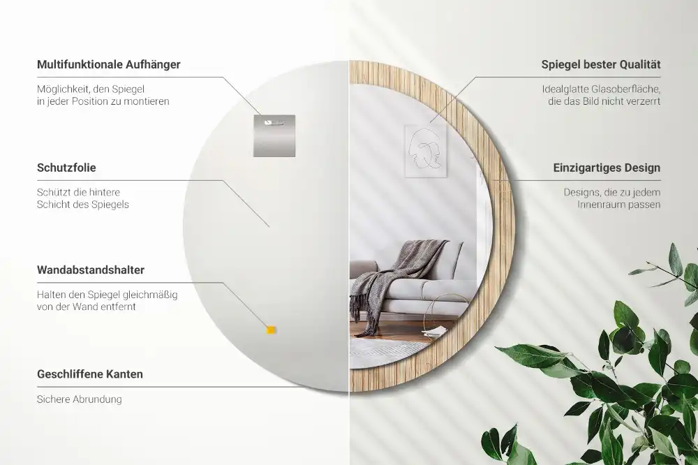 Miroir rond cadre avec impression paille de bambou
