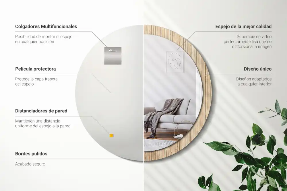 Miroir rond cadre avec impression paille de bambou