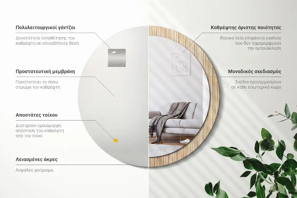 Miroir rond cadre avec impression paille de bambou