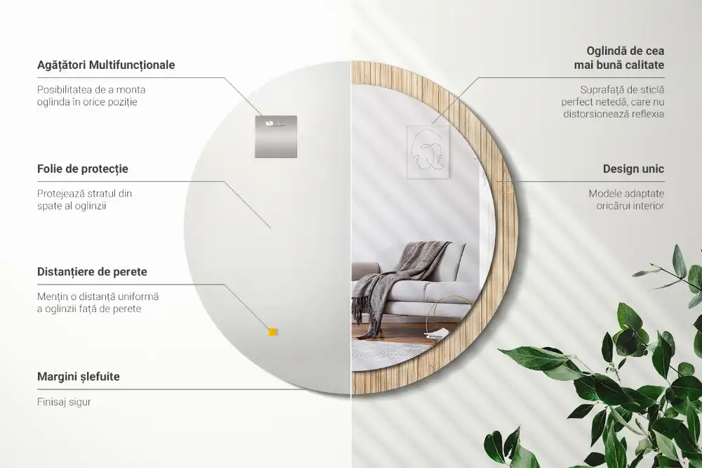 Miroir rond cadre avec impression paille de bambou