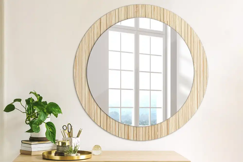 Miroir rond cadre avec impression paille de bambou