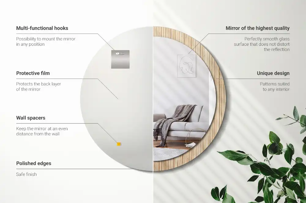 Miroir rond cadre avec impression paille de bambou
