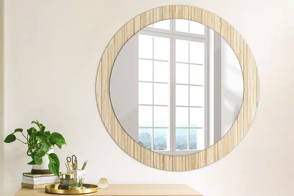 Miroir rond cadre avec impression paille de bambou