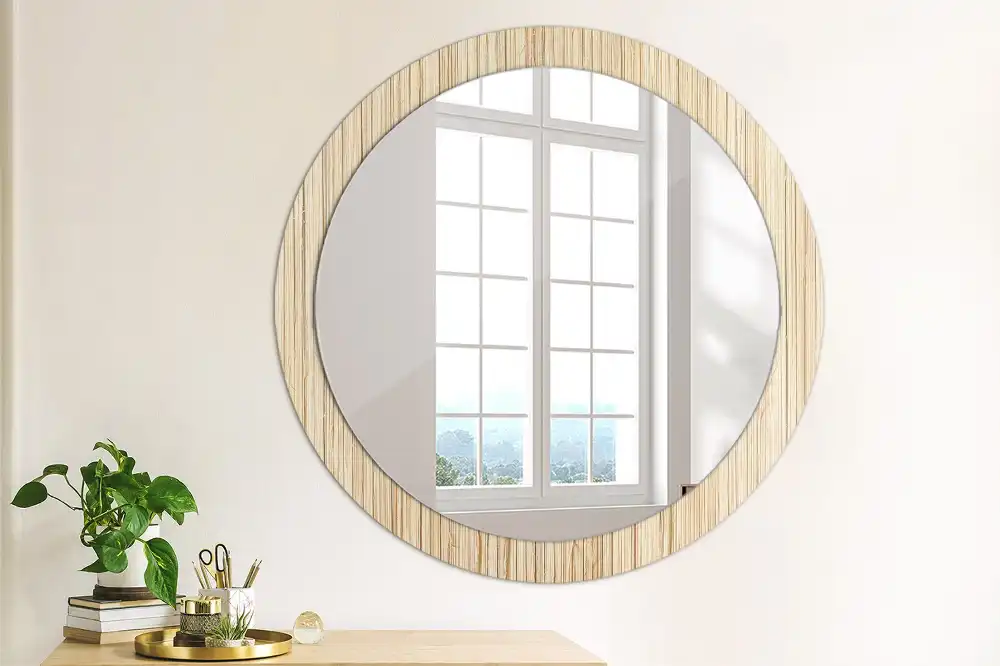 Miroir rond cadre avec impression paille de bambou