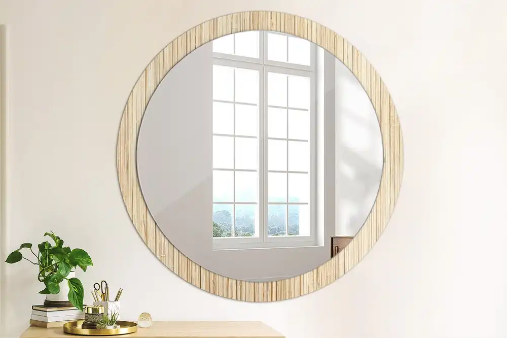 Miroir rond cadre avec impression paille de bambou