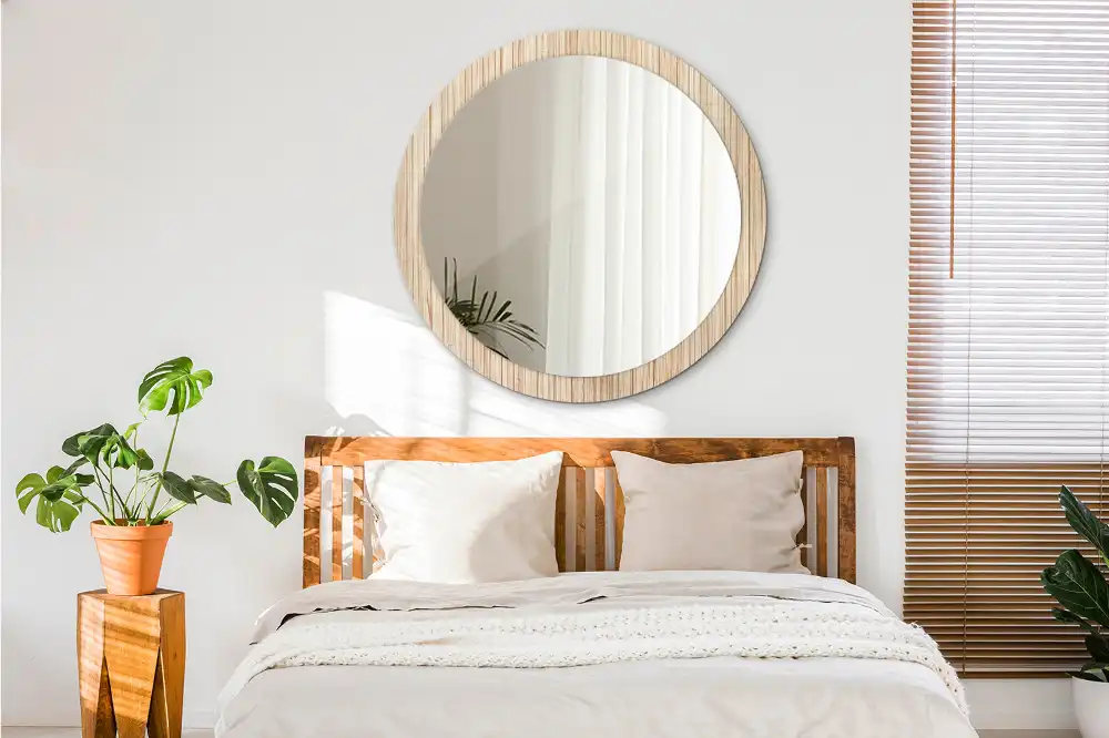 Miroir rond cadre avec impression paille de bambou