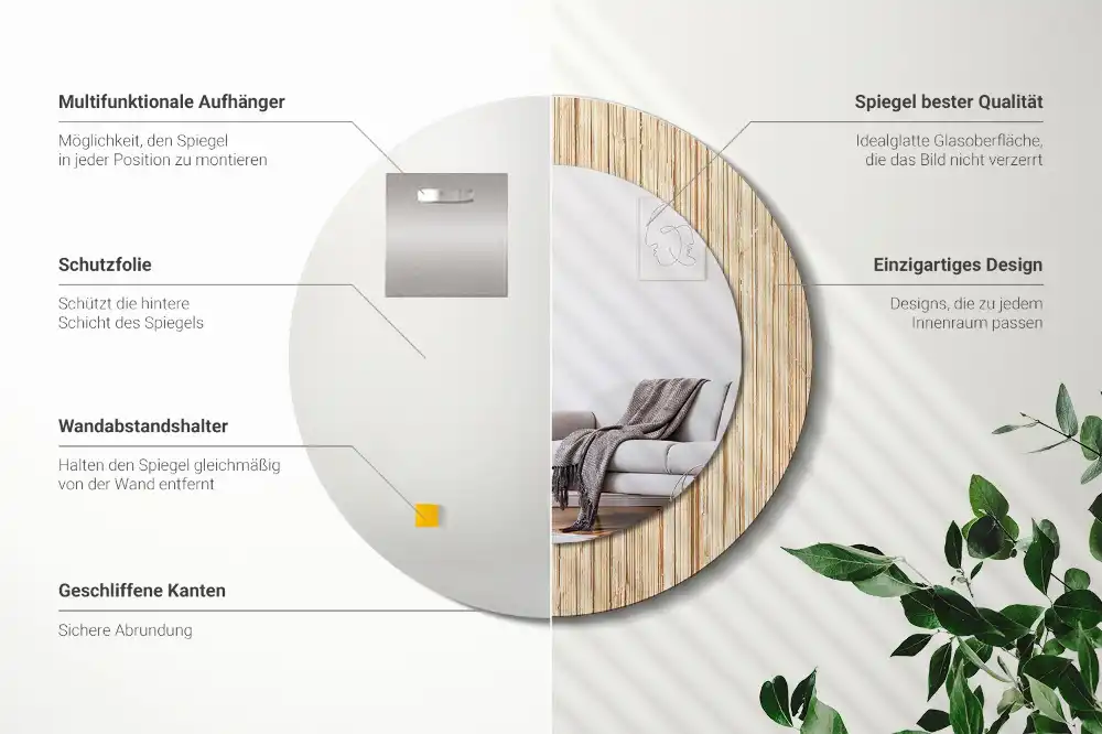 Miroir rond cadre avec impression paille de bambou