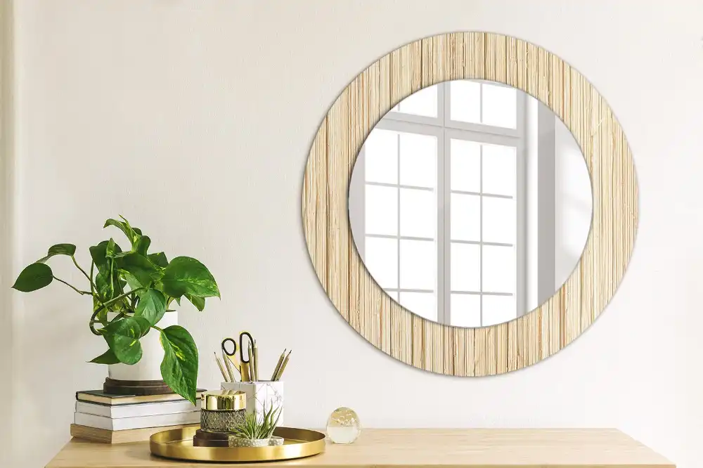 Miroir rond cadre avec impression paille de bambou