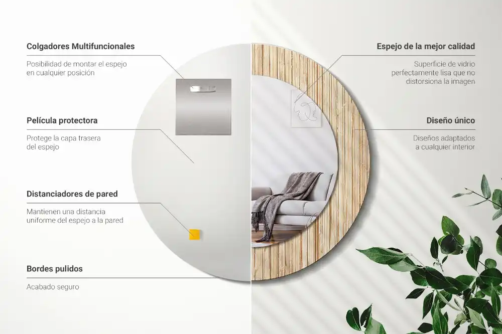 Miroir rond cadre avec impression paille de bambou