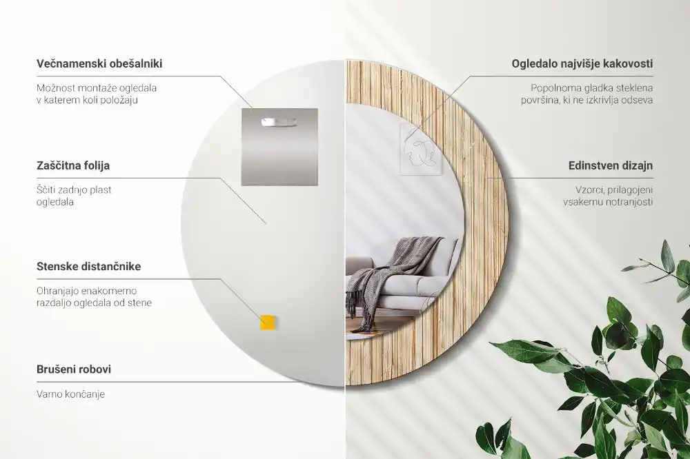 Miroir rond cadre avec impression paille de bambou