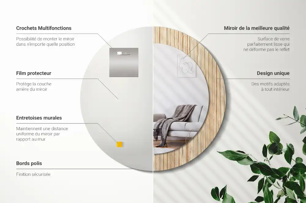 Miroir rond cadre avec impression paille de bambou