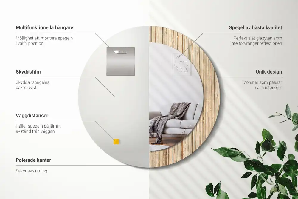 Miroir rond cadre avec impression paille de bambou
