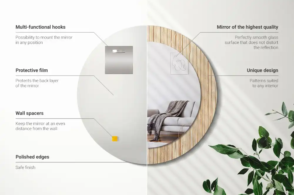Miroir rond cadre avec impression paille de bambou
