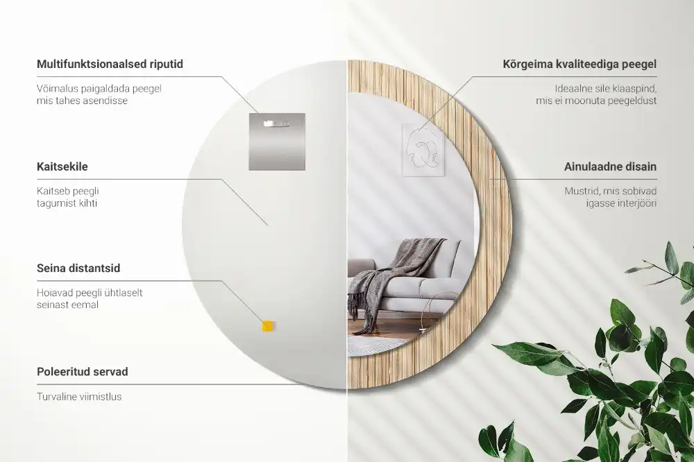 Miroir rond cadre avec impression paille de bambou