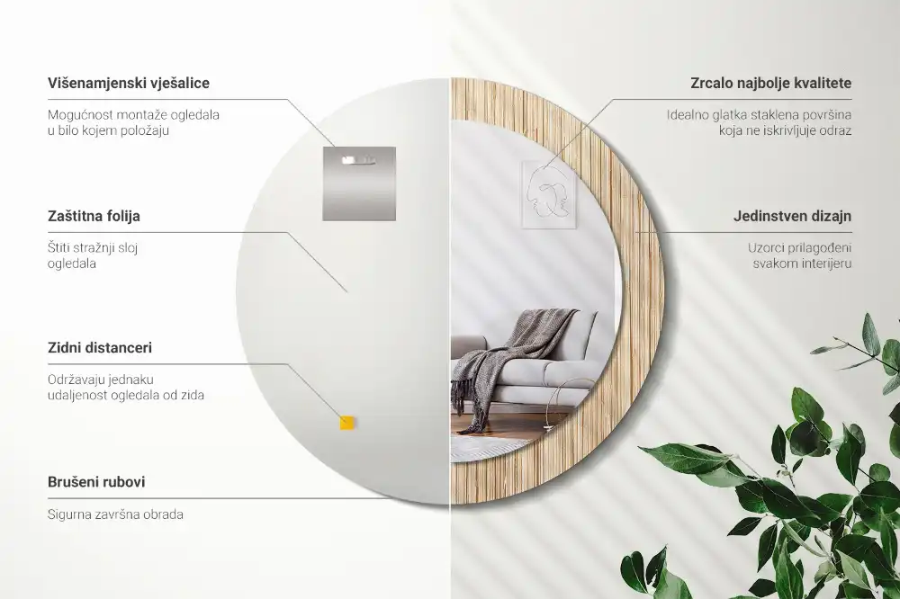 Miroir rond cadre avec impression paille de bambou