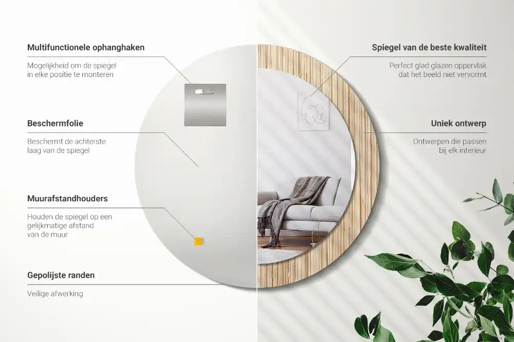 Miroir rond cadre avec impression paille de bambou