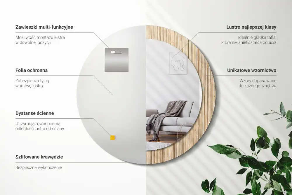 Miroir rond cadre avec impression paille de bambou