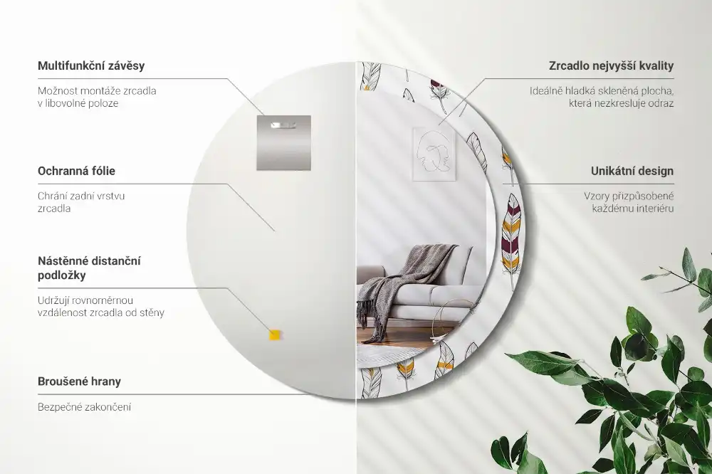 Miroir rond avec décoration plumes