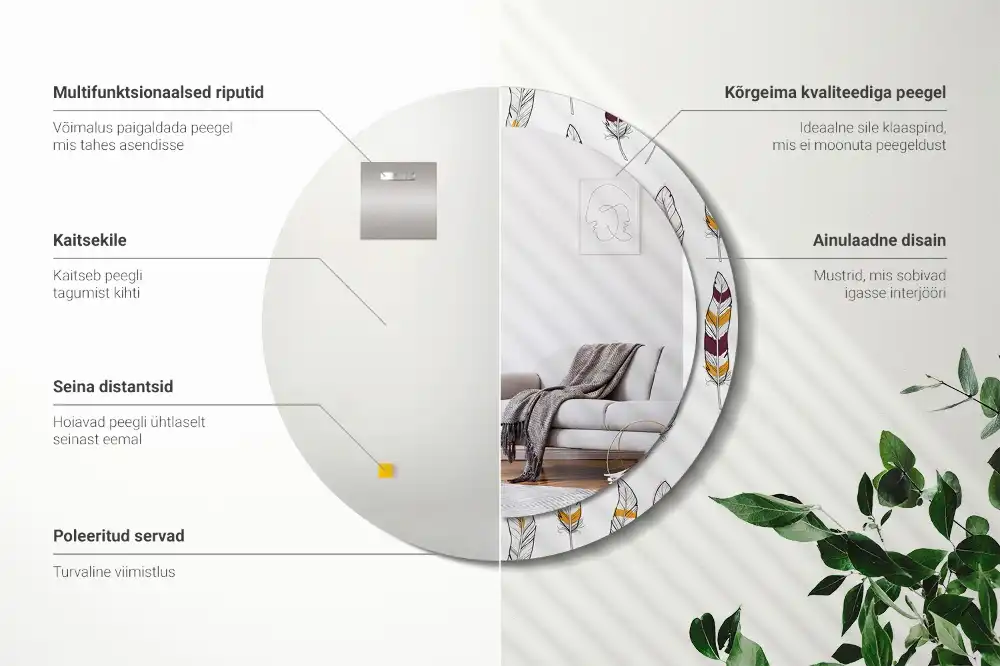 Miroir rond avec décoration plumes