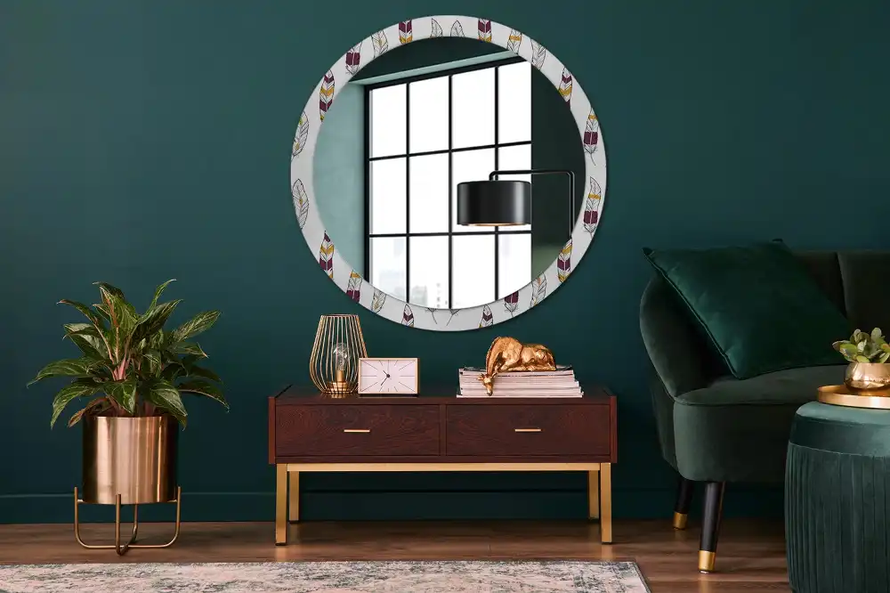 Miroir rond avec décoration plumes
