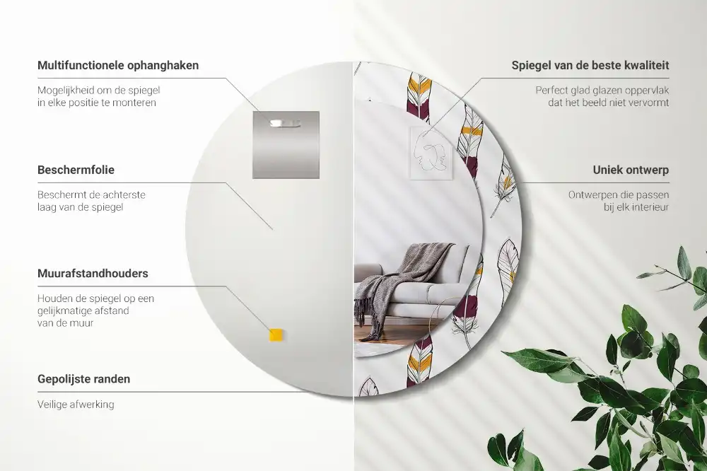 Miroir rond avec décoration plumes